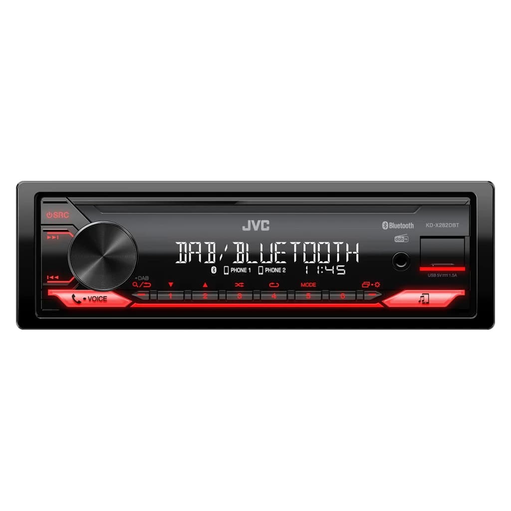 Autorradio JVC Negro 1 DIN Bluetooth 4.2 KD-X282DBT, vista frontal: pantalla DAB/Bluetooth, botones retroiluminados en rojo
