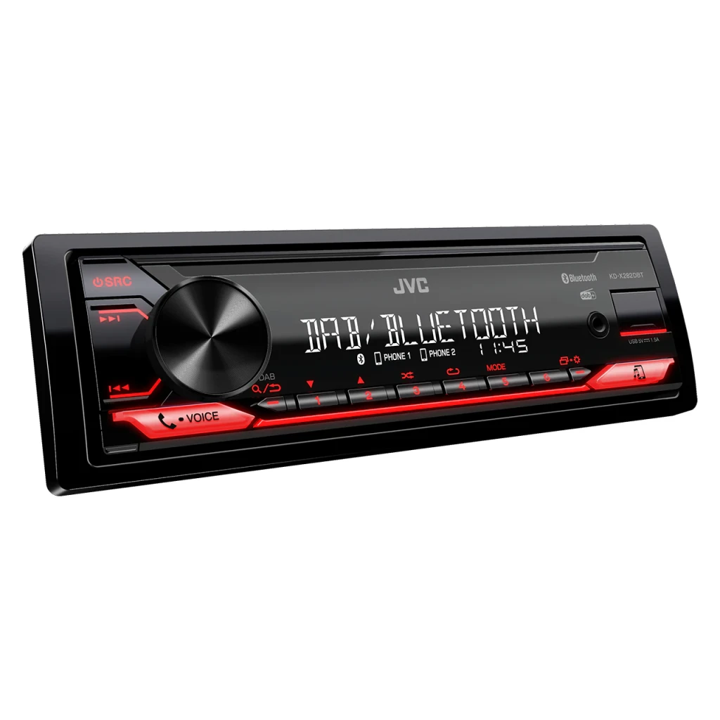Autorradio JVC Negro 1 DIN Bluetooth 4.2 KD-X282DBT, vista en ángulo: pantalla DAB/Bluetooth encendida e iluminación roja