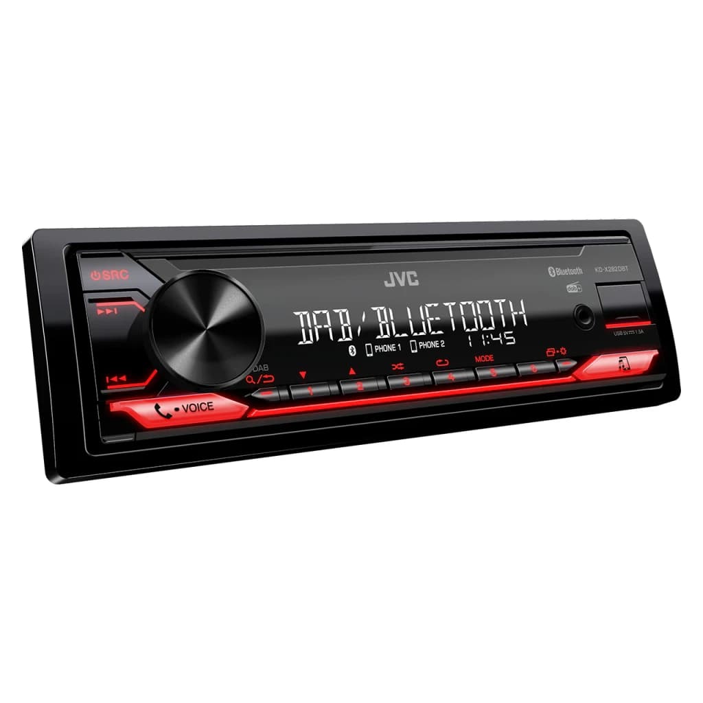 Autorradio JVC Negro 1 DIN Bluetooth 4.2 KD-X282DBT, vista en ángulo: pantalla DAB/Bluetooth encendida e iluminación roja