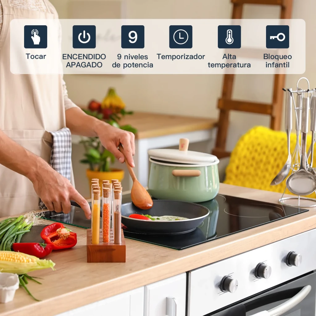 Placa vitrocerámica Iseasy 5500W 3 Zonas Negro LT3-22, en uso: sartén con verduras sobre zona activa en cocina, iconos