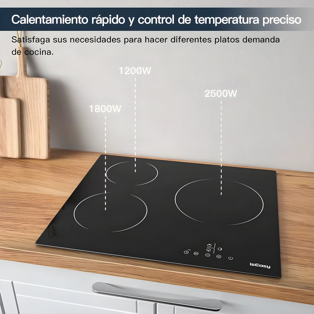 Placa vitrocerámica Iseasy 5500W 3 Zonas Negro LT3-22, vista en cocina: 3 zonas con potencias 1800W, 1200W y 2500W señaladas