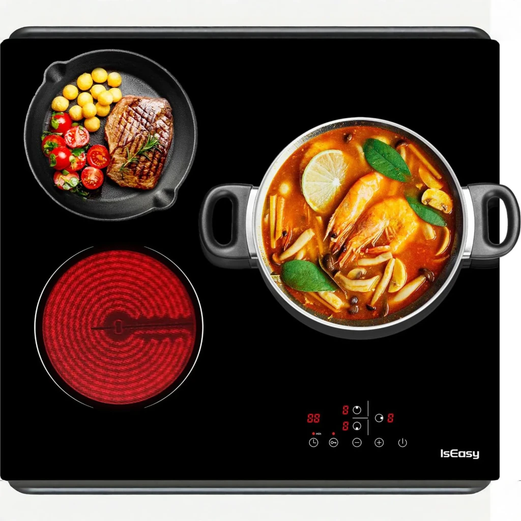 Placa vitrocerámica Iseasy 5500W 3 Zonas Negro LT3-22, en uso: sartén con filete y olla con sopa sobre zonas activas al rojo