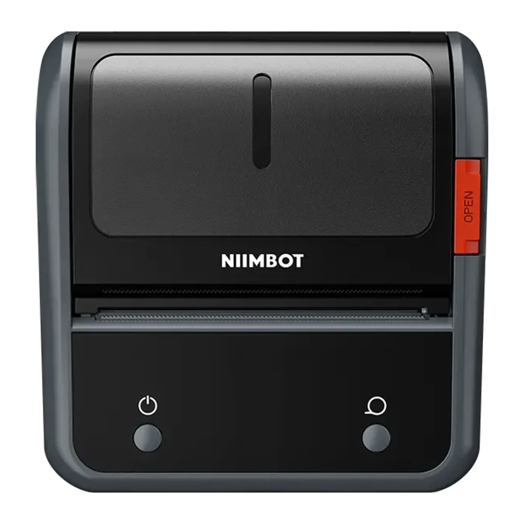 Impresora de Etiquetas Térmica Niimbot B3S_P Gris, vista frontal: tapa superior, ranura de salida, botones de encendido