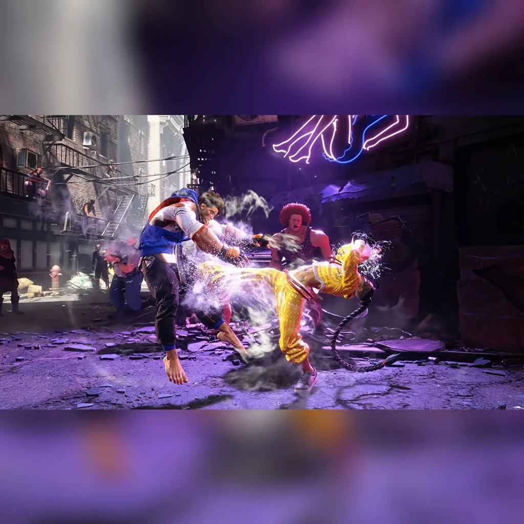 Videojuego Capcom Street Fighter 6 Lenticular Edition PS4, en uso: combate callejero con neones y dos luchadores en pleno