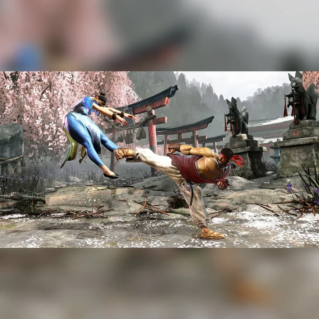 Videojuego Capcom Street Fighter 6 Lenticular Edition PS4, en uso: Ryu y Chun-Li combaten ante torii rojo y cerezos en flor