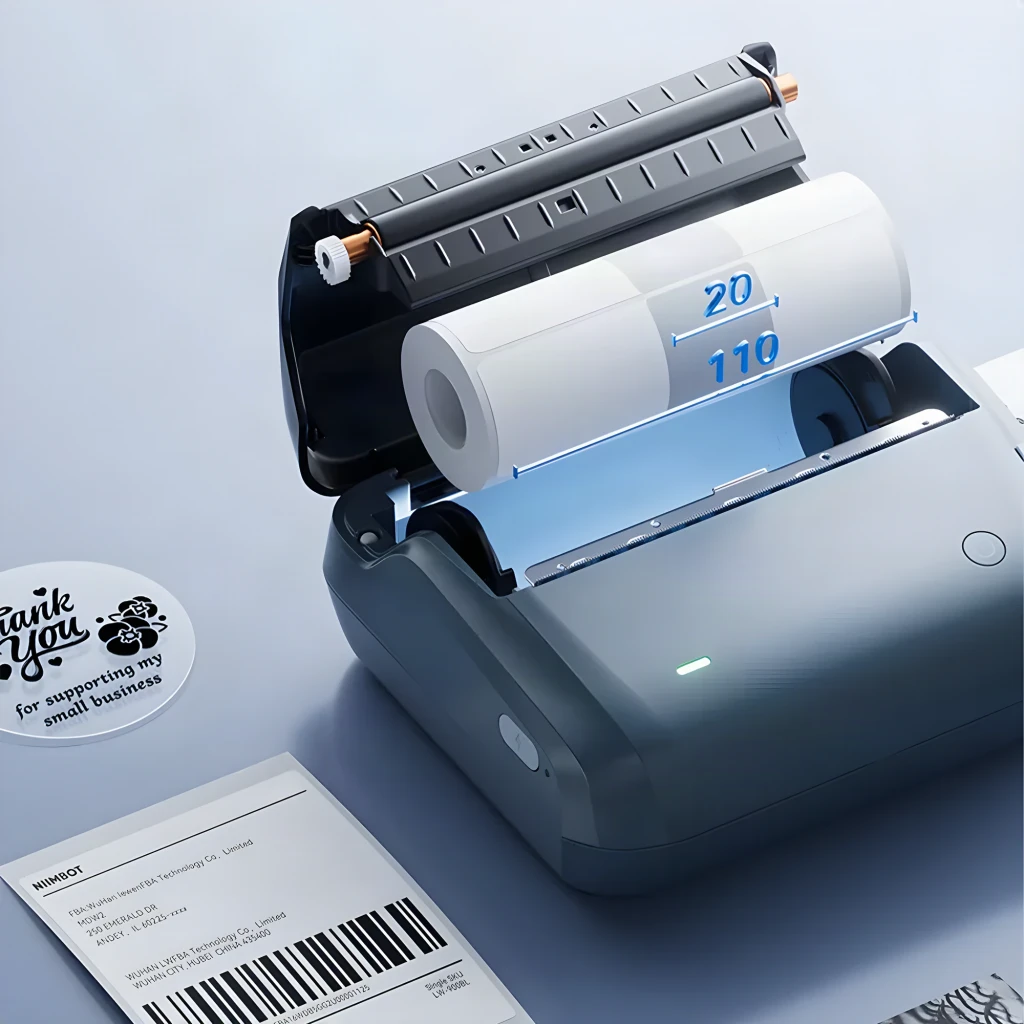 Impresora de etiquetas Niimbot B4 Azul, detalle: tapa abierta con rollo de papel y medidas 20x110 mm, etiquetas impresas