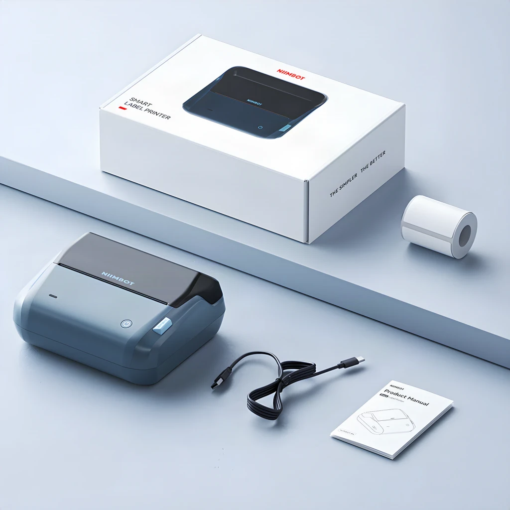 Impresora de etiquetas Niimbot B4 Azul, en uso: contenido de la caja con impresora, rollo de etiquetas, cable USB-C y manual
