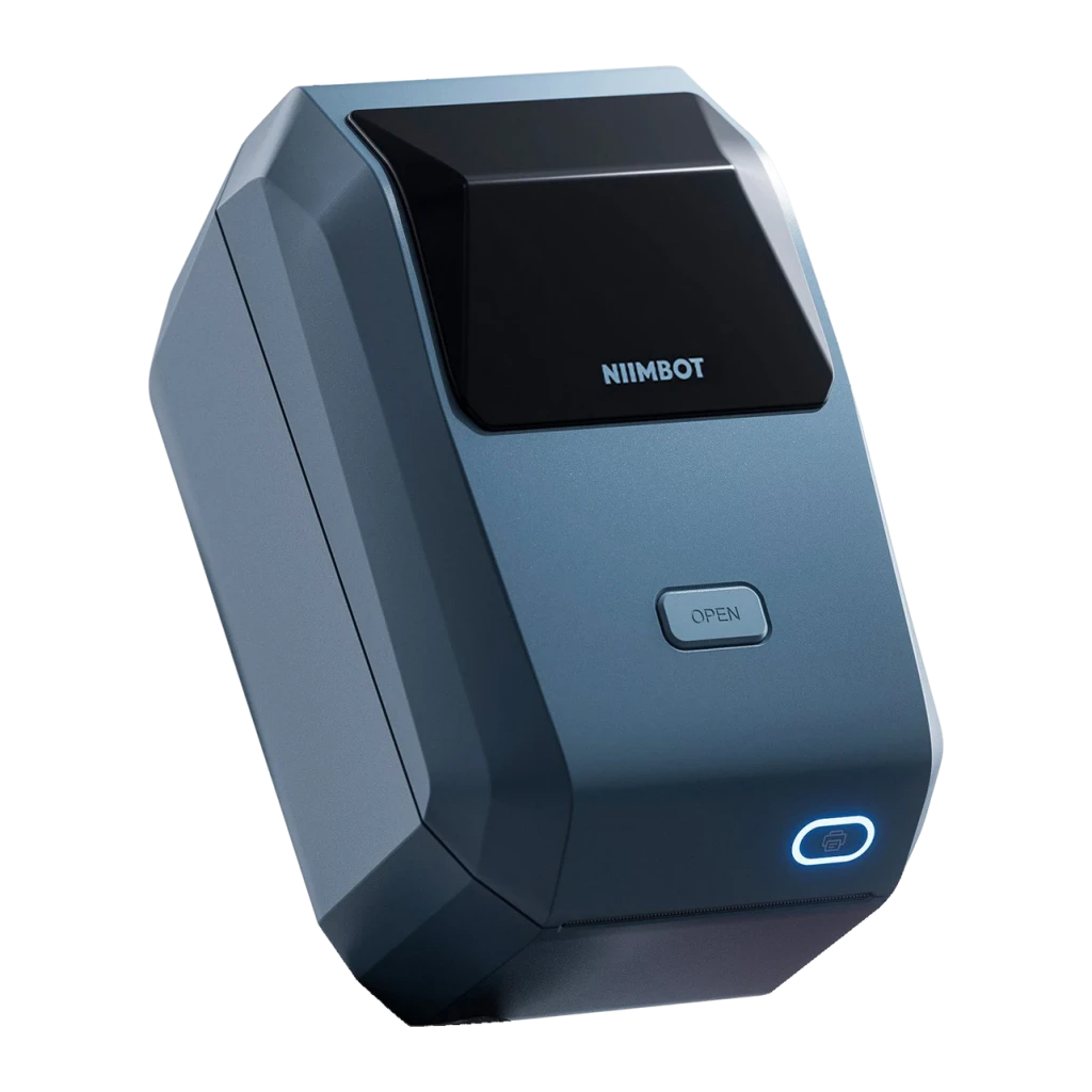 Impresora de Etiquetas Niimbot K3W WiFi 2,4 GHz Azul, detalle: botón OPEN, logo y botón de encendido con luz azul