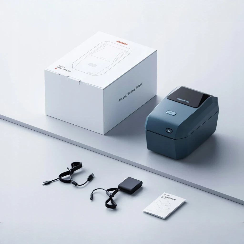 Impresora de Etiquetas Niimbot K3W WiFi 2,4 GHz Azul, en uso: contenido de la caja con impresora azul, cables y adaptador