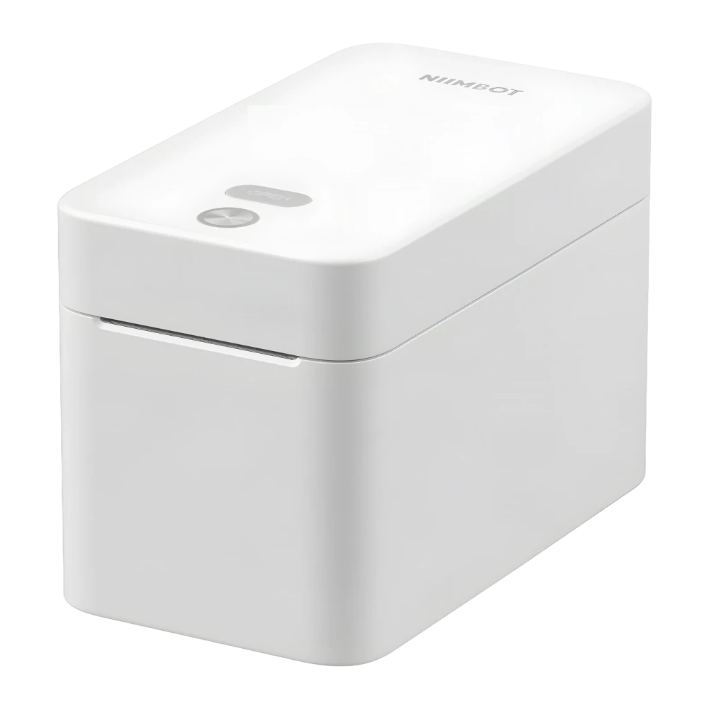 Impresora de Etiquetas Niimbot K2 Blanco, vista frontal: cuerpo compacto blanco, ranura de salida y botón de encendido