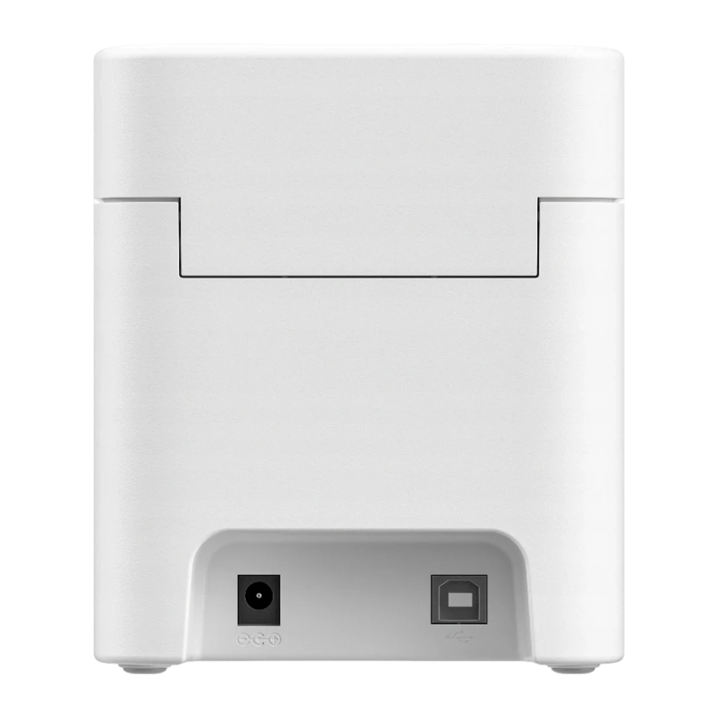Impresora de Etiquetas Niimbot K2 Blanco, vista trasera: puerto de alimentación y USB-B en panel inferior