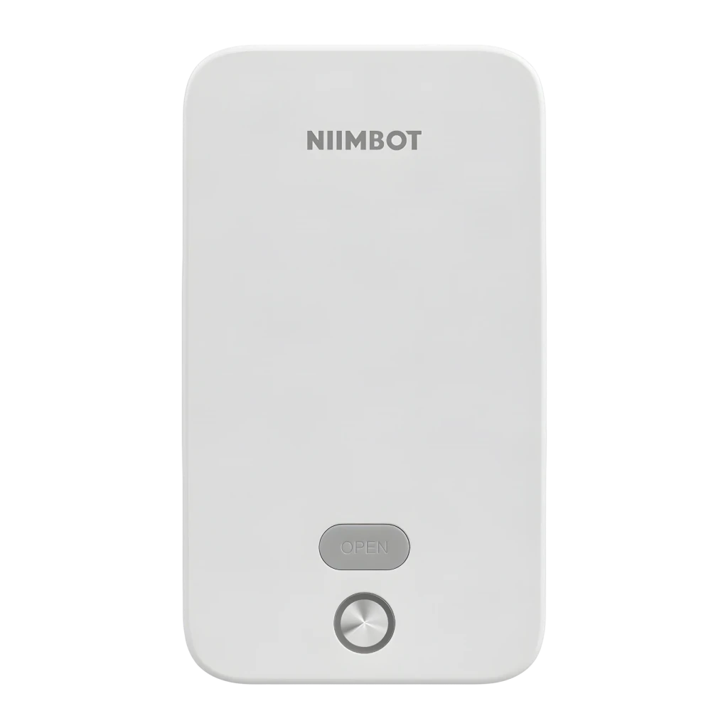 Impresora de Etiquetas Niimbot K2 Blanco, detalle frontal: logo NIIMBOT, botón OPEN y botón de encendido plateado