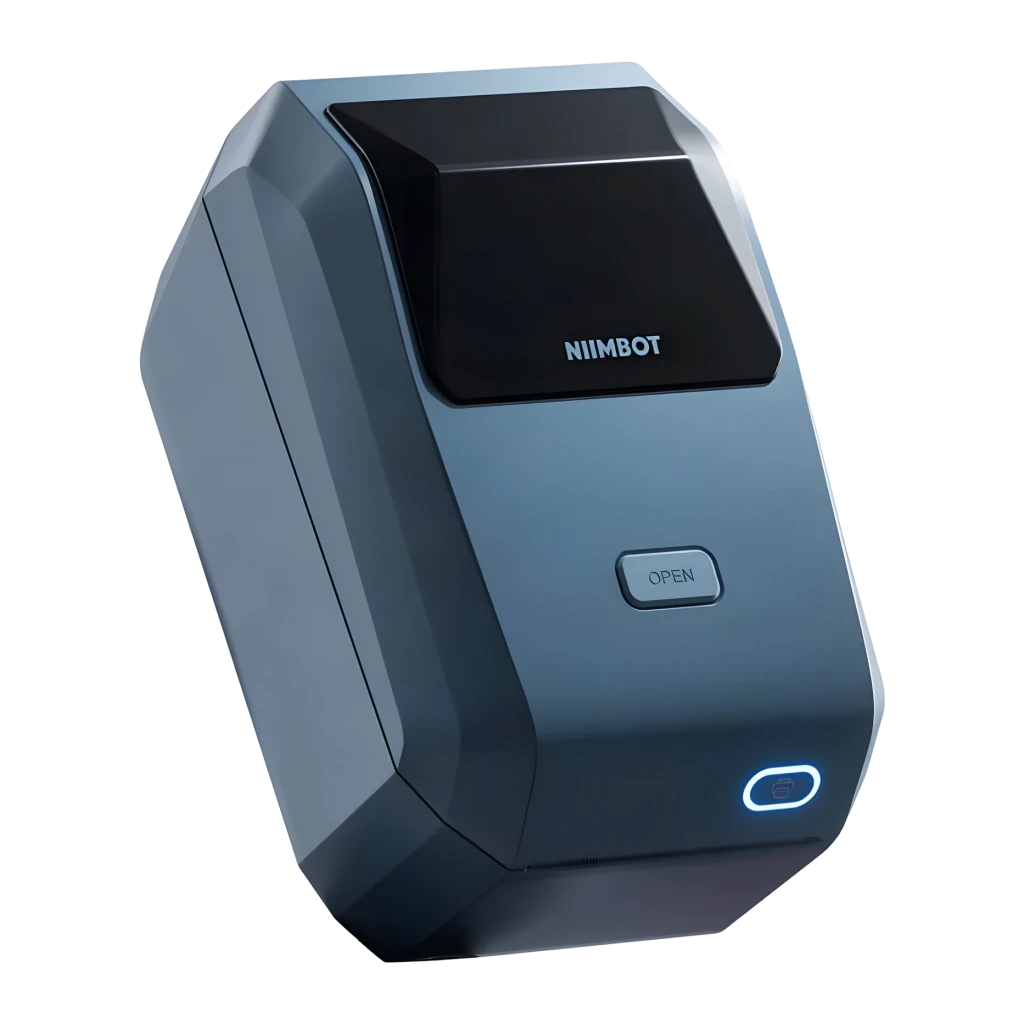 Impresora de etiquetas Niimbot K3 203 DPI Térmica Azul, vista frontal: cuerpo azul facetado, logo Niimbot, botón OPEN y LED