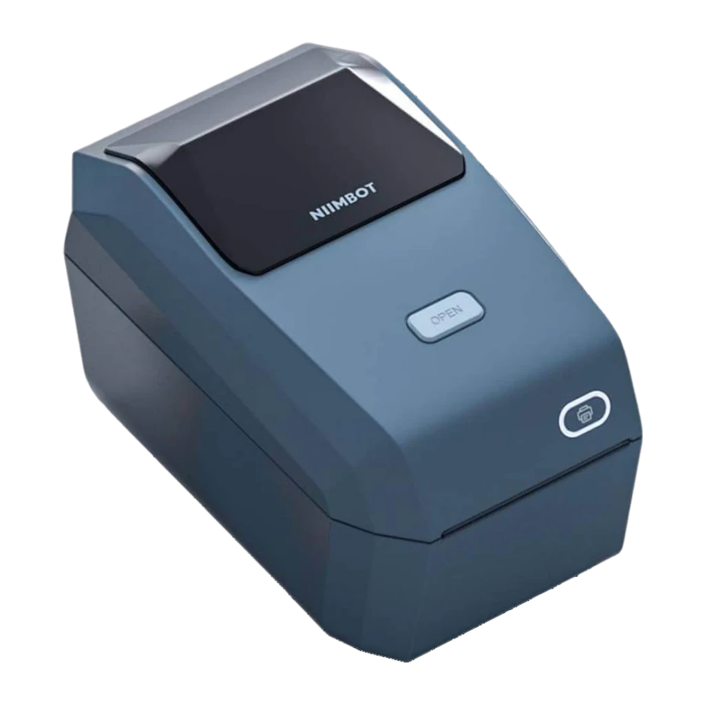 Impresora de etiquetas Niimbot K3 203 DPI Térmica Azul, detalle: tapa superior negra con logo, botón OPEN y botón