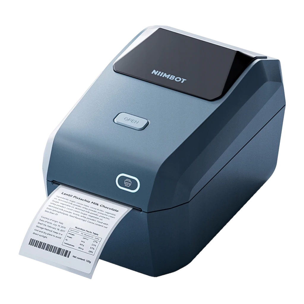 Impresora de etiquetas Niimbot K3 203 DPI Térmica Azul, detalle: etiqueta con tabla nutricional saliendo por la ranura