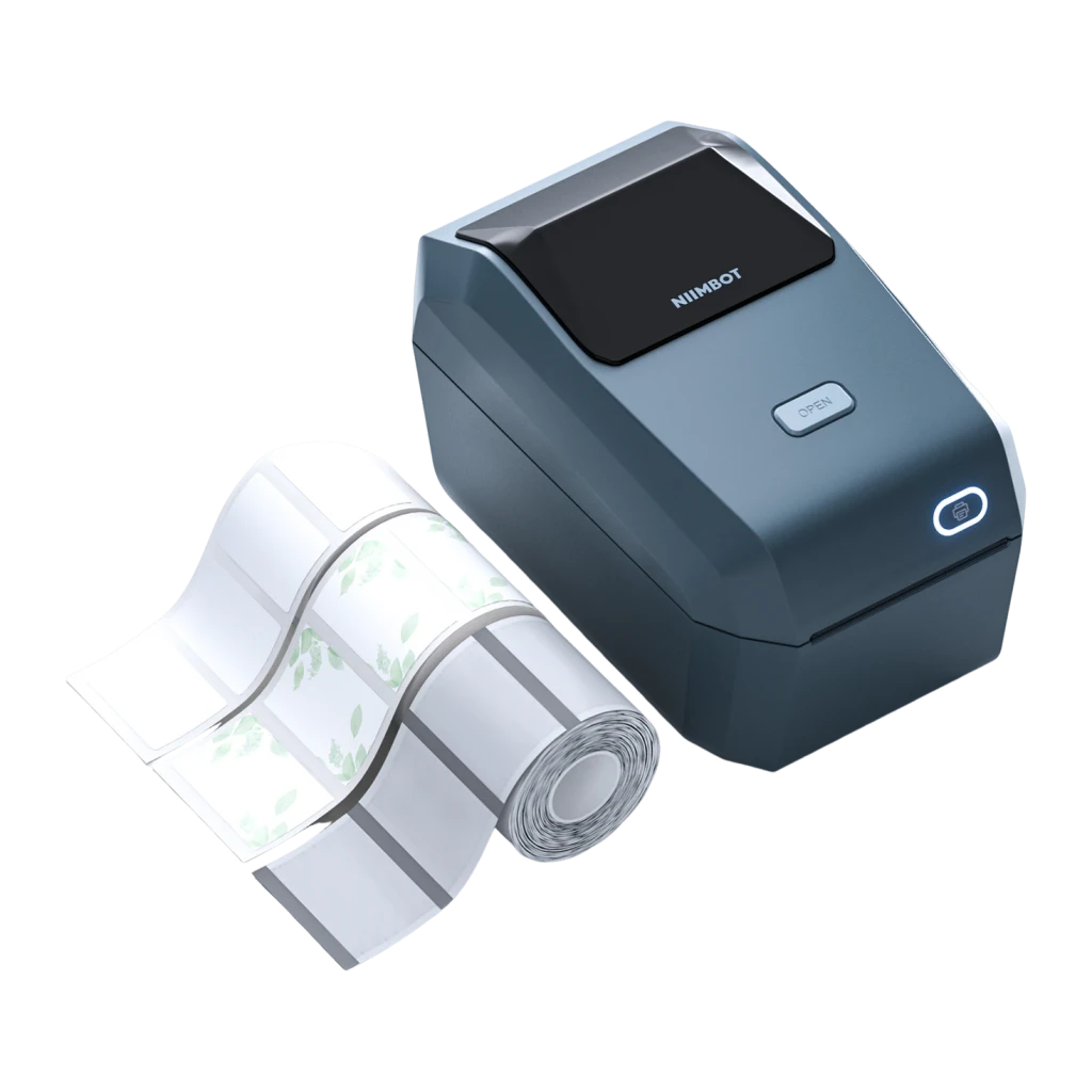 Impresora de etiquetas Niimbot K3 203 DPI Térmica Azul, detalle: vista en ángulo con rollo de etiquetas desplegado junto