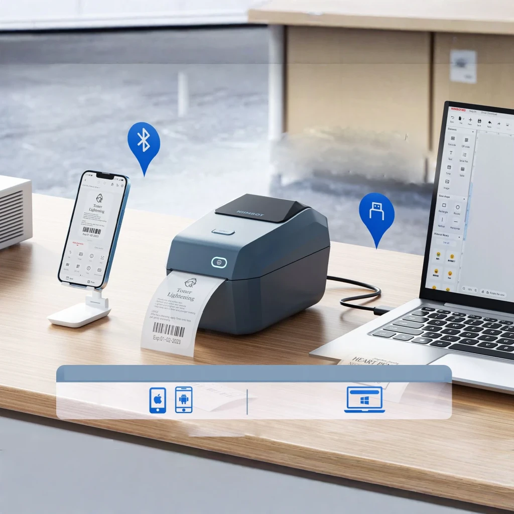 Impresora de etiquetas Niimbot K3 203 DPI Térmica Azul, en uso: conectada por USB a laptop y vía Bluetooth a móvil