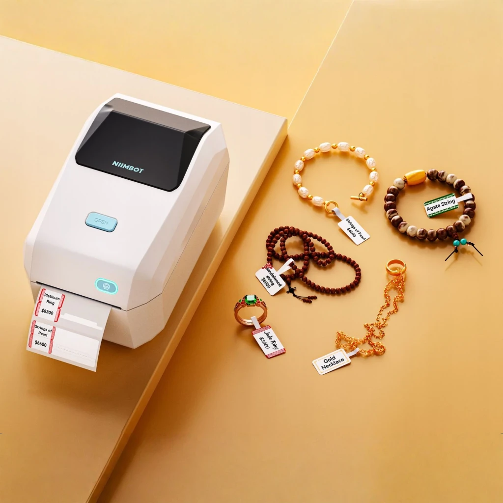 Impresora de Etiquetas Niimbot K3 Crema, en uso: imprimiendo etiquetas de precio junto a pulseras y joyas sobre superficie
