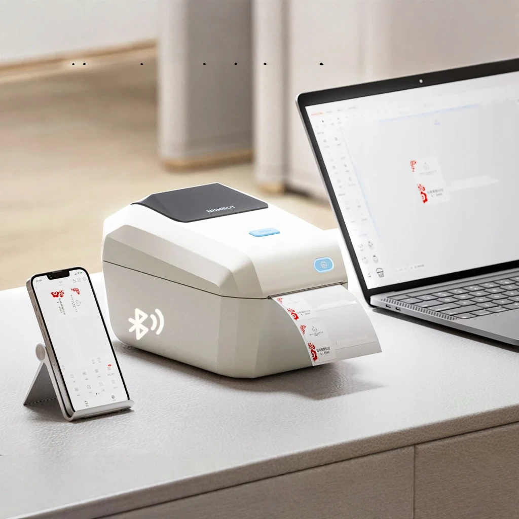 Impresora de Etiquetas Niimbot K3 Crema, en uso: imprimiendo etiquetas vía Bluetooth junto a móvil y portátil