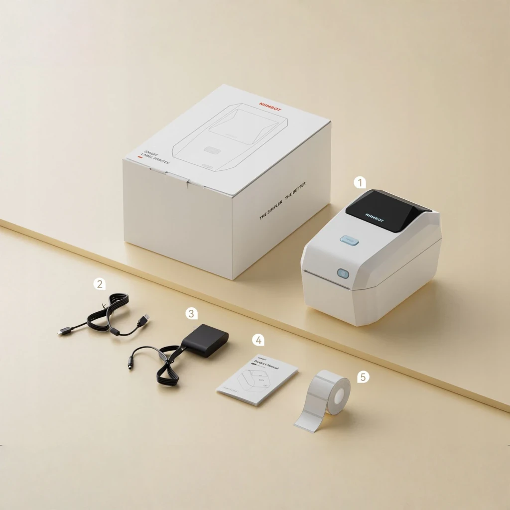 Impresora de Etiquetas Niimbot K3 Crema, en uso: contenido de la caja con impresora, cable USB, adaptador, manual y rollo