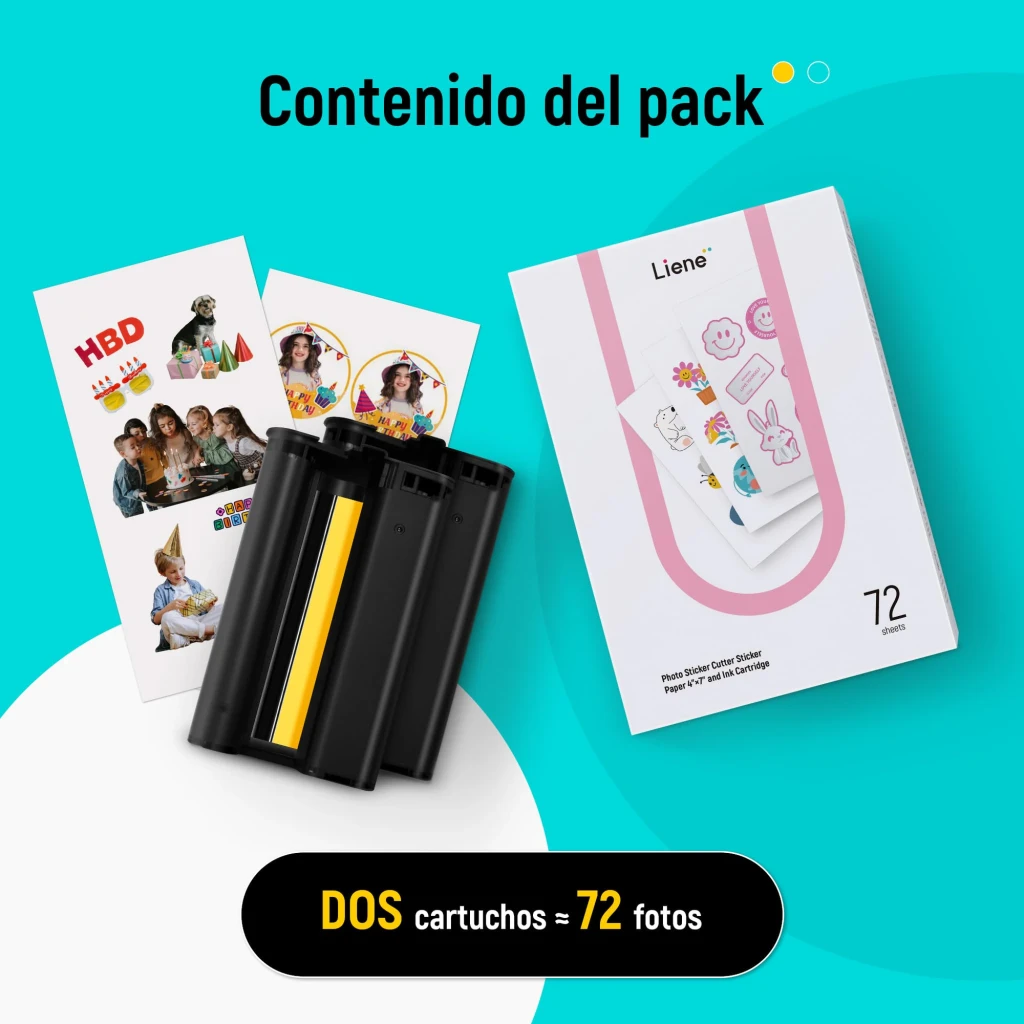 Liene PixCut Papier Adhésif 4x7 pouces 72 Feuilles + 2 Cartouches, contenu du pack: boîte, 2 cartouches noires à ruban jaune