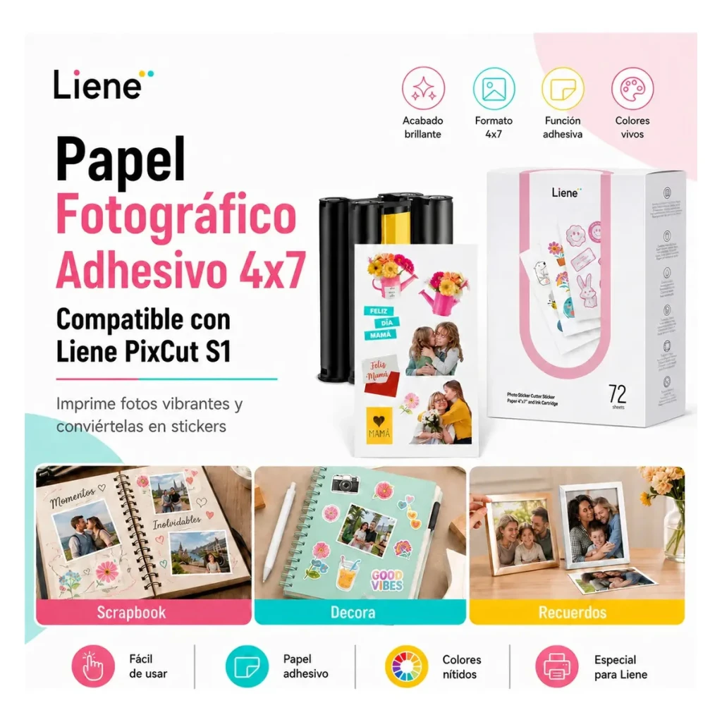Liene PixCut Papier Adhésif 4x7 pouces 72 Feuilles + 2 Cartouches, infographie: boîte, cartouches et usages scrapbook, déco