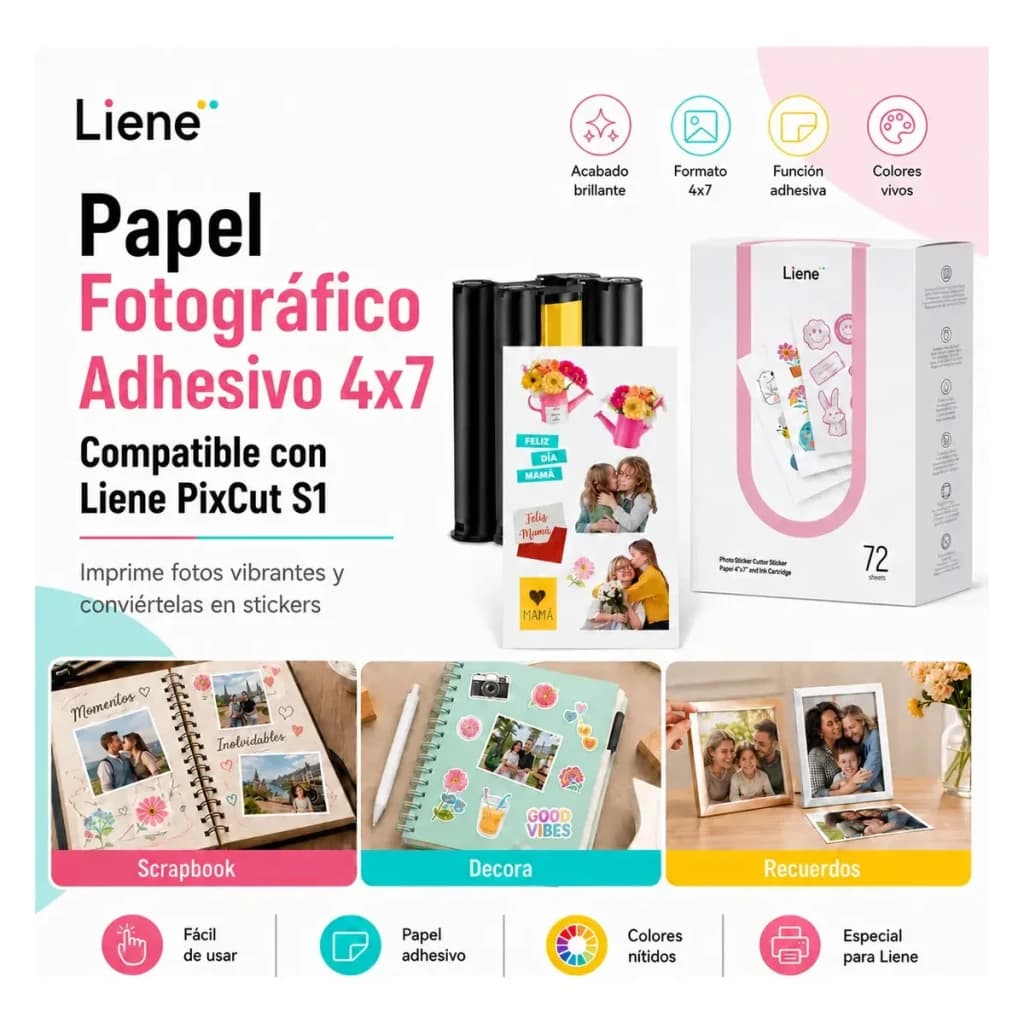 Liene PixCut Papier Adhésif 4x7 pouces 72 Feuilles + 2 Cartouches, infographie: boîte, cartouches et usages scrapbook, déco