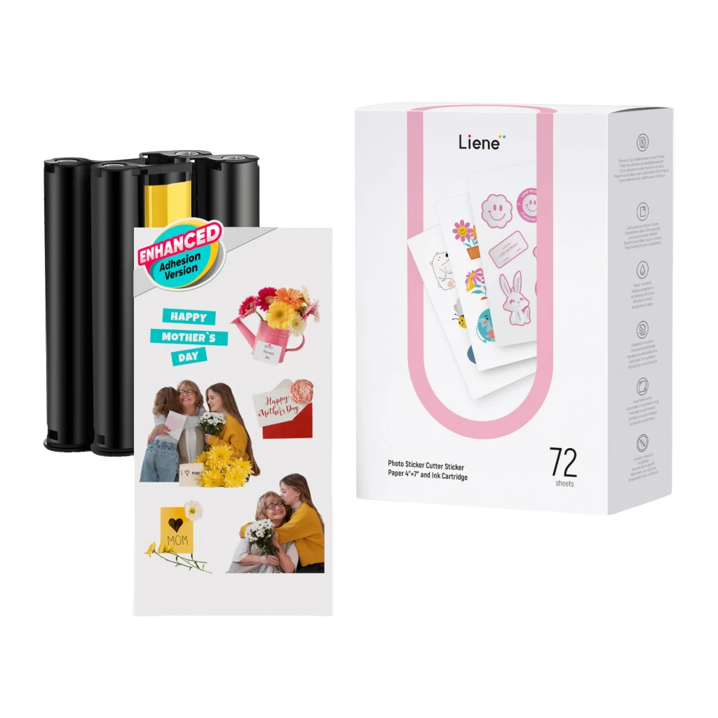 Liene PixCut Papier Adhésif 4x7 pouces 72 Feuilles + 2 Cartouches, détail: boîte avec stickers imprimés et 2 cartouches
