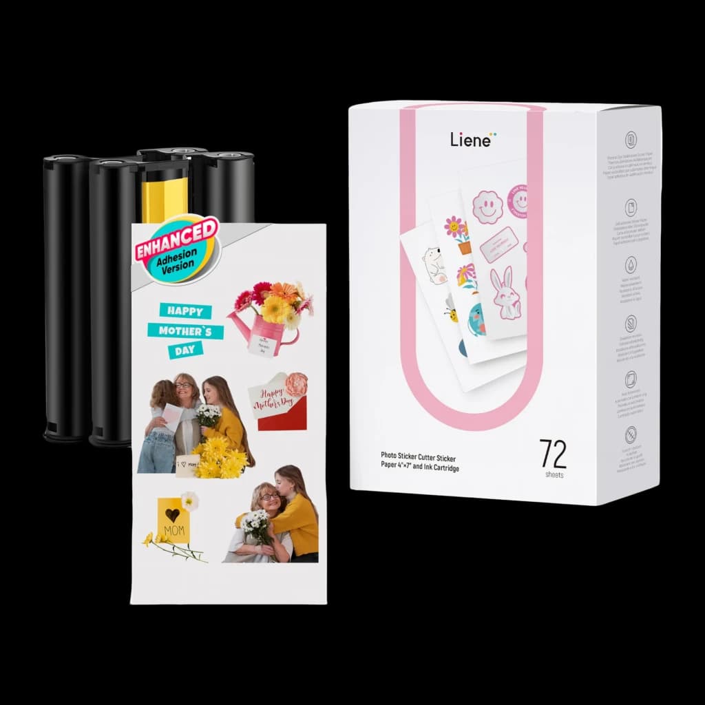 Liene PixCut Papier Adhésif 4x7 pouces 72 Feuilles + 2 Cartouches, détail: boîte avec stickers imprimés et 2 cartouches