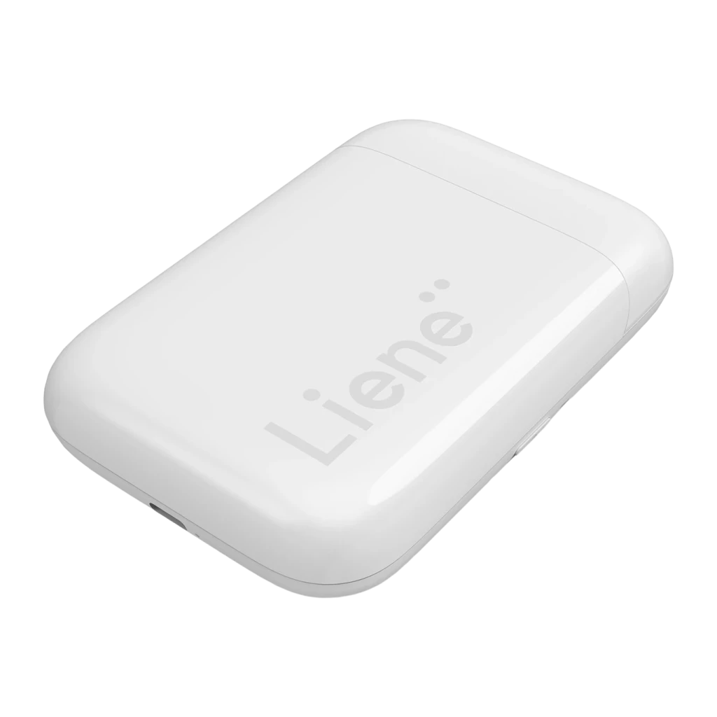 Imprimante photo Liene Pearl ZPP110 2x3 pouces Blanche, détail: vue supérieure en angle avec logo Liene en relief