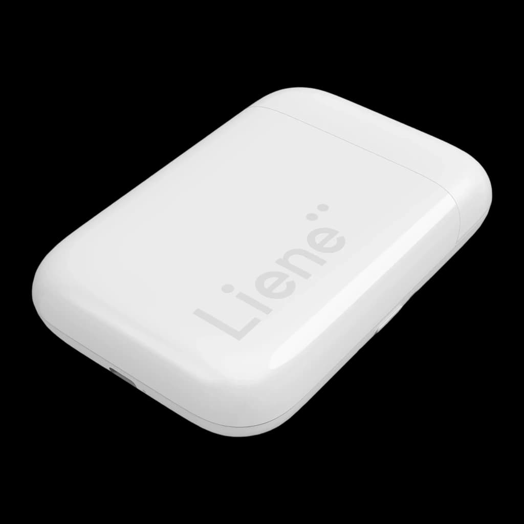 Imprimante photo Liene Pearl ZPP110 2x3 pouces Blanche, détail: vue supérieure en angle avec logo Liene en relief