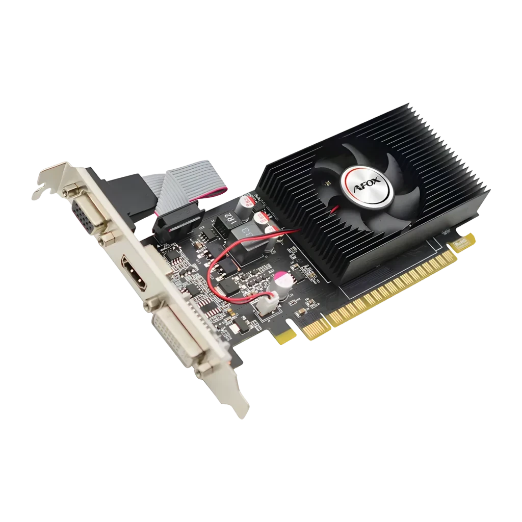 AFOX GeForce GT 730 4GB GDDR3 Low Profile AF730-4096D3L5, detalle: PCB en ángulo con ventilador, disipador, puertos HDMI