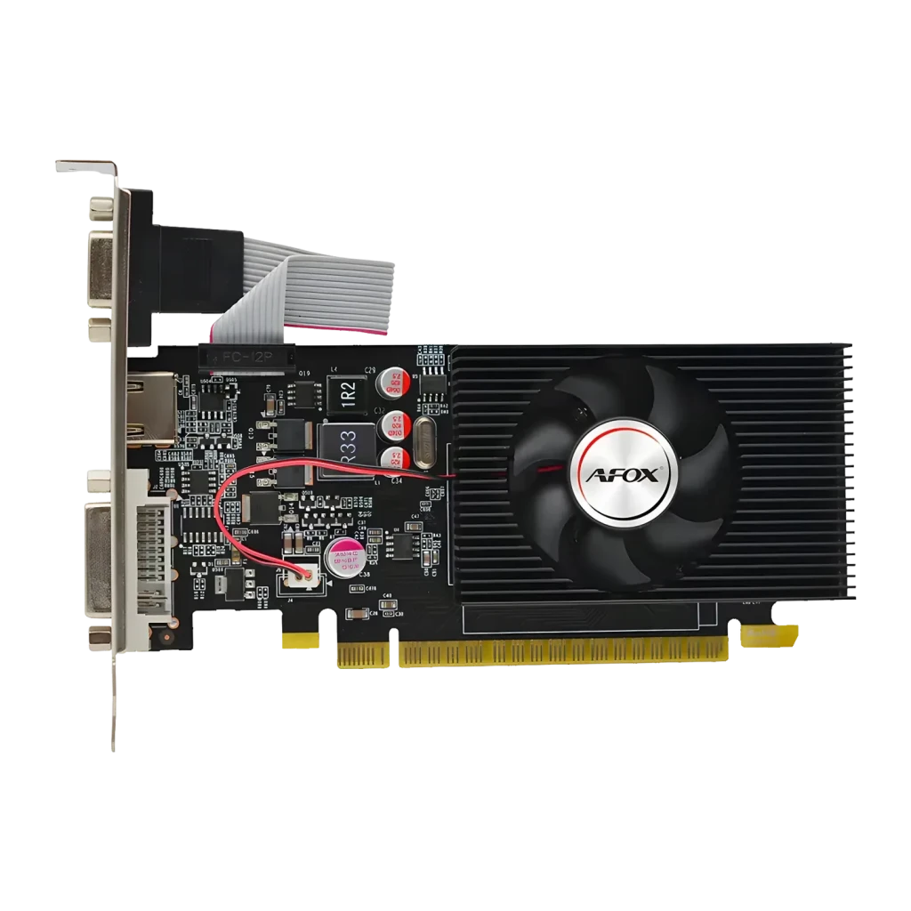 AFOX GeForce GT 730 4GB GDDR3 Low Profile AF730-4096D3L5, vista frontal: PCB negro con ventilador AFOX, disipador y bracket