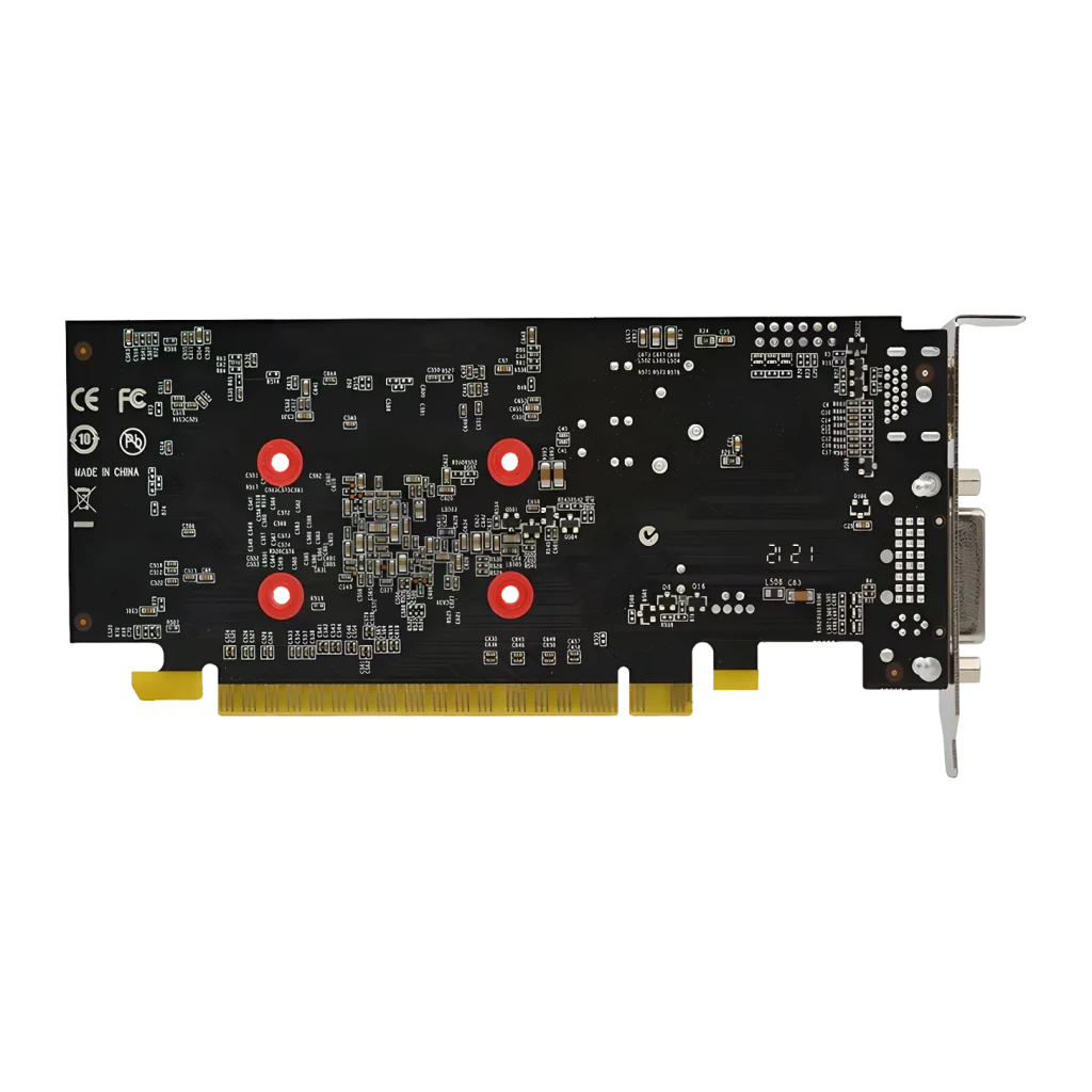 AFOX GeForce GT 730 4GB GDDR3 Low Profile AF730-4096D3L5, vista trasera: PCB negro con condensadores rojos, conector PCIe