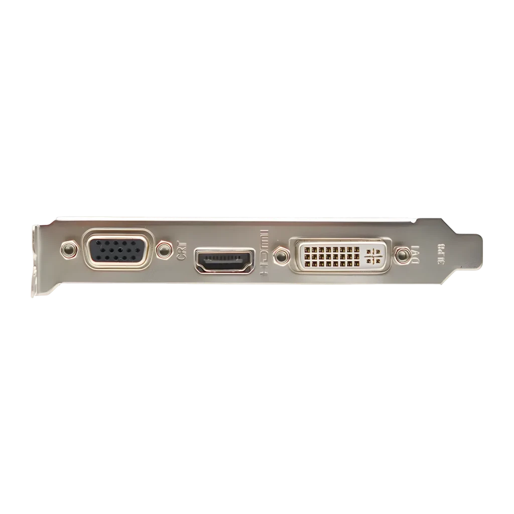 AFOX GeForce GT 730 4GB GDDR3 Low Profile AF730-4096D3L5, detalle: bracket con puertos VGA, HDMI y DVI visibles