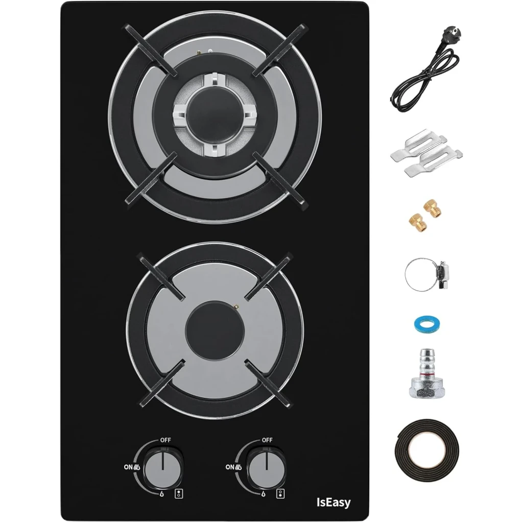 Placa de gas Iseasy 3300W + 1000W 2 fuegos Negro MGBG-312A, detalle: vista cenital con accesorios de instalación incluidos