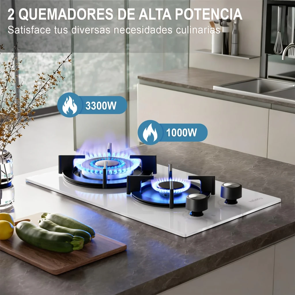 Placa de gas Iseasy 4300W (3300W + 1000W) 2 quemadores Blanco MGBG-312A, en cocina: llamas azules activas en ambos
