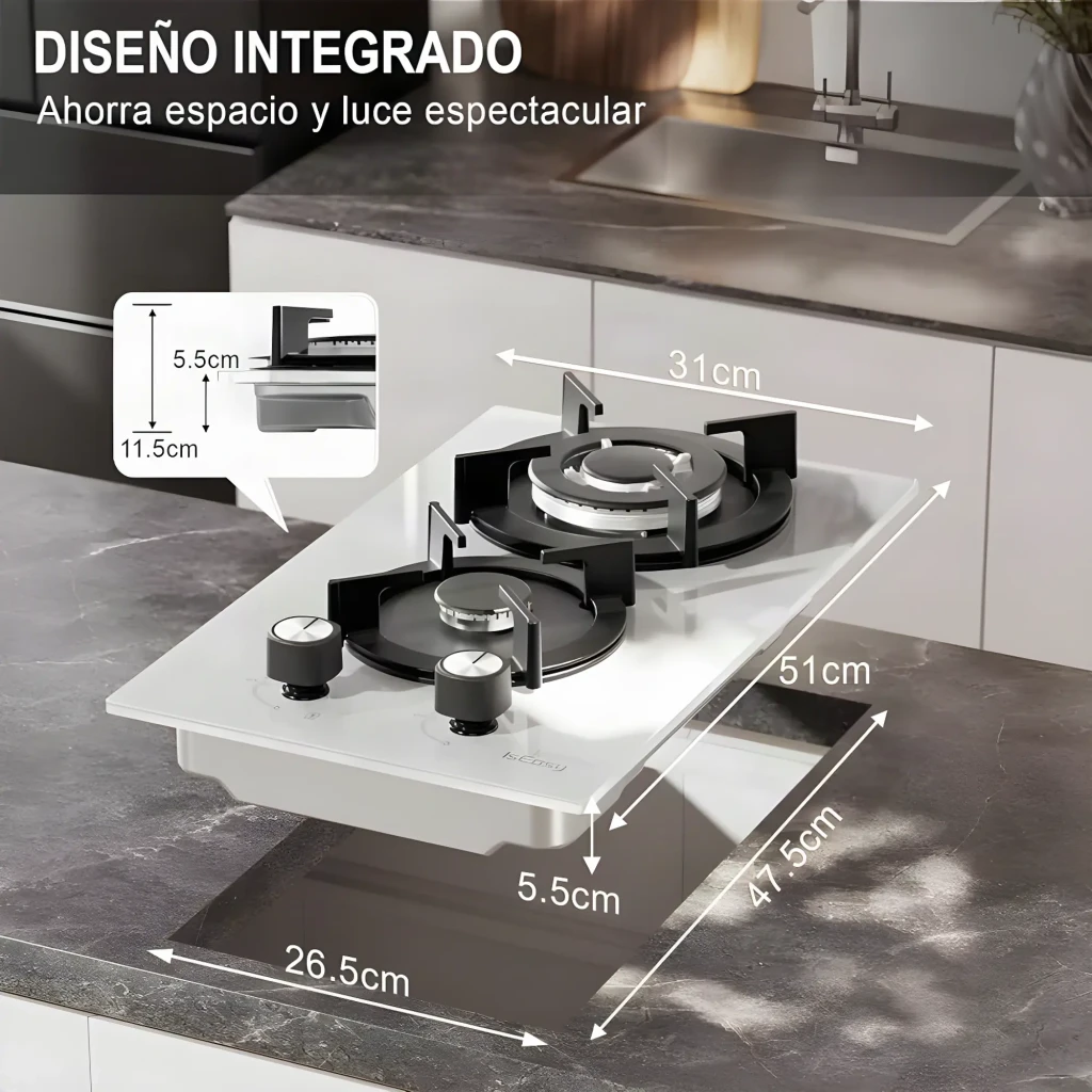 Placa de gas Iseasy 4300W (3300W + 1000W) 2 quemadores Blanco MGBG-312A, dimensiones: 51x47,5cm integrada en encimera