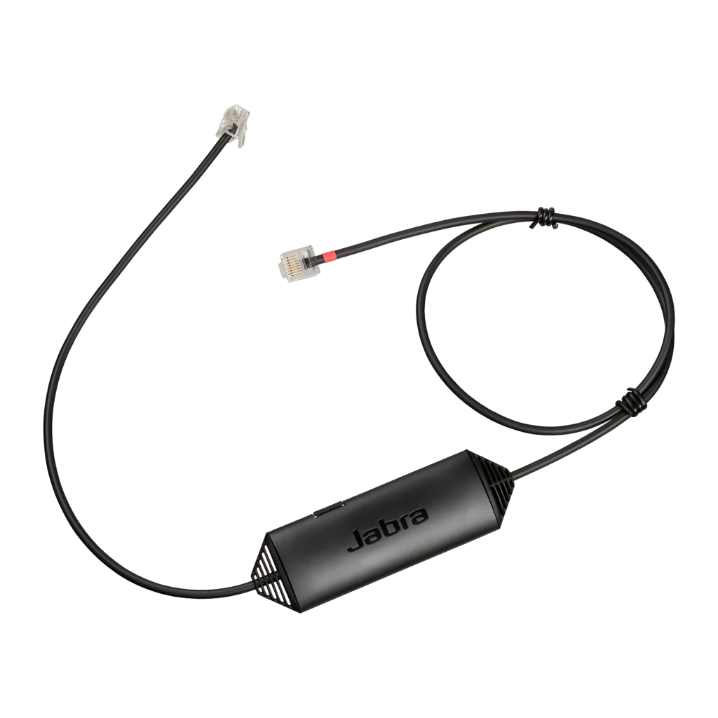Jabra Link 14201-43 EHS para Cisco RJ-9 Adaptador EHS RJ-9 Bluetooth Negro, detalle: módulo central con logo Jabra, cable