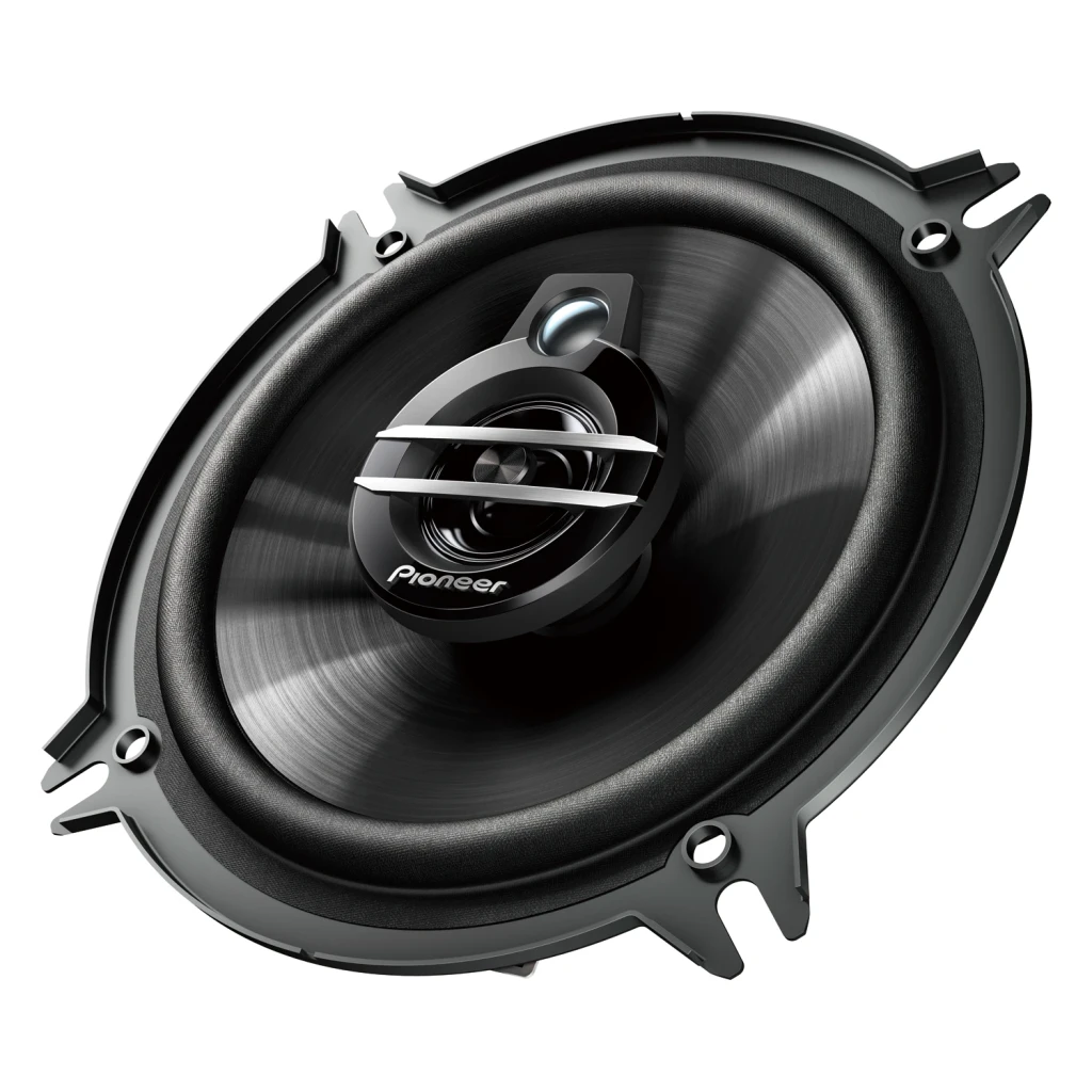 Altavoces de coche Pioneer 3 vías 35W RMS Negro TS-G1330F, vista frontal en ángulo: cono, tweeter central y marco de montaje