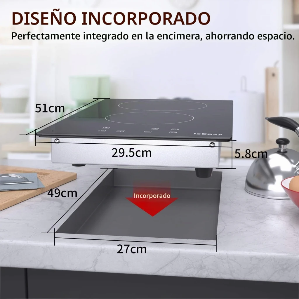 Placa vitrocerámica Iseasy 3000W 2 zonas Negro T2V-01M, instalación encastrada: cotas 51x29,5x5,8cm y hueco 49x27cm