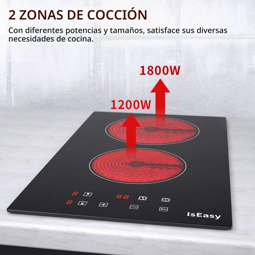 Placa vitrocerámica Iseasy 3000W 2 zonas Negro T2V-01M, infografía: zonas al rojo vivo con potencias 1200W y 1800W indicadas