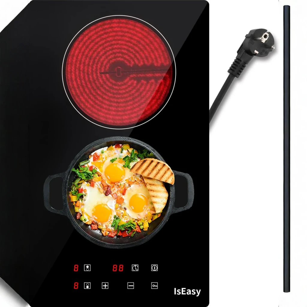 Placa vitrocerámica Iseasy 3000W 2 zonas Negro T2V-01M, en uso: zona roja encendida, sartén con huevos fritos, panel táctil