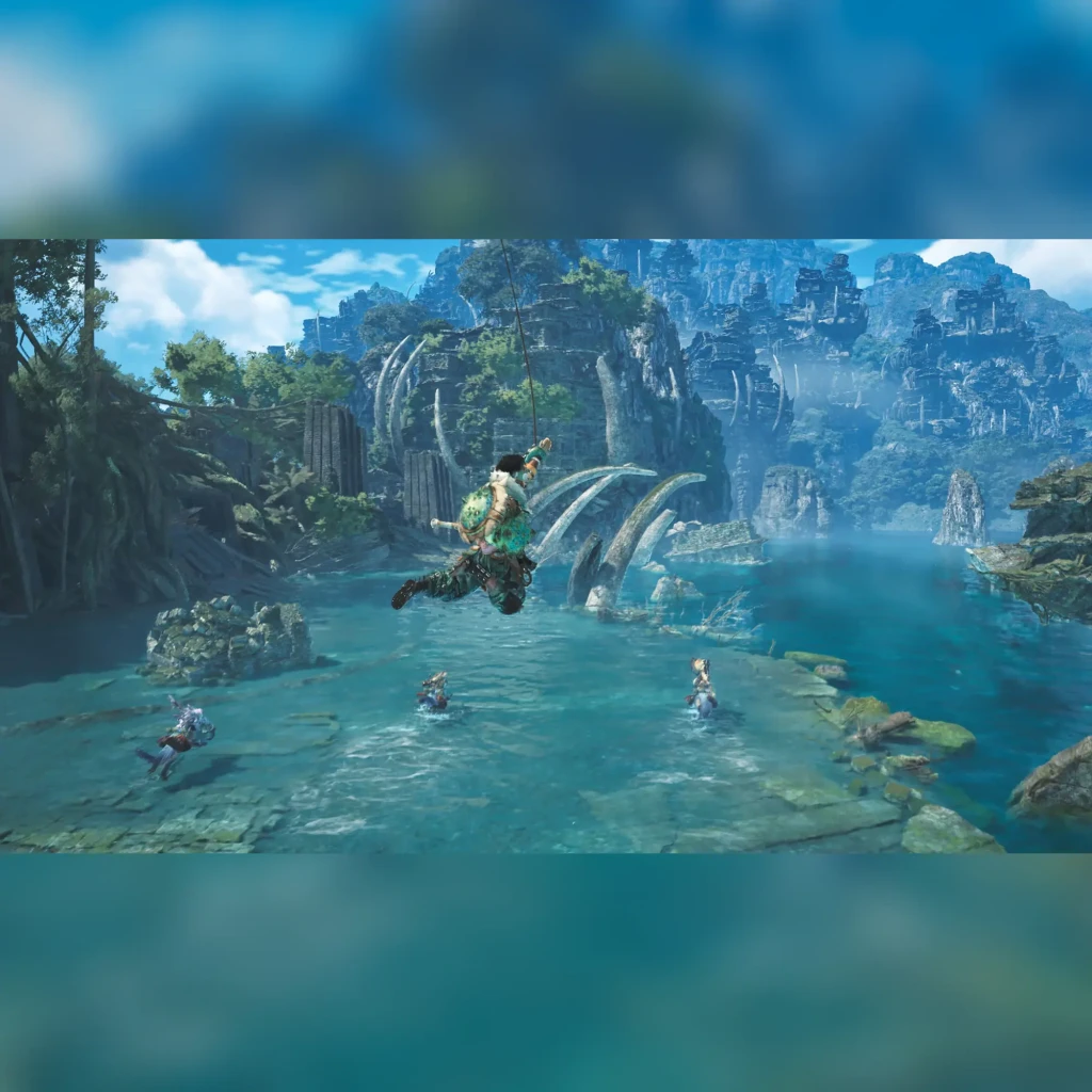 Videojuego Capcom Monster Hunter Wilds Lenticular Edition Xbox Series X, en uso: cazador balanceándose sobre lago turquesa