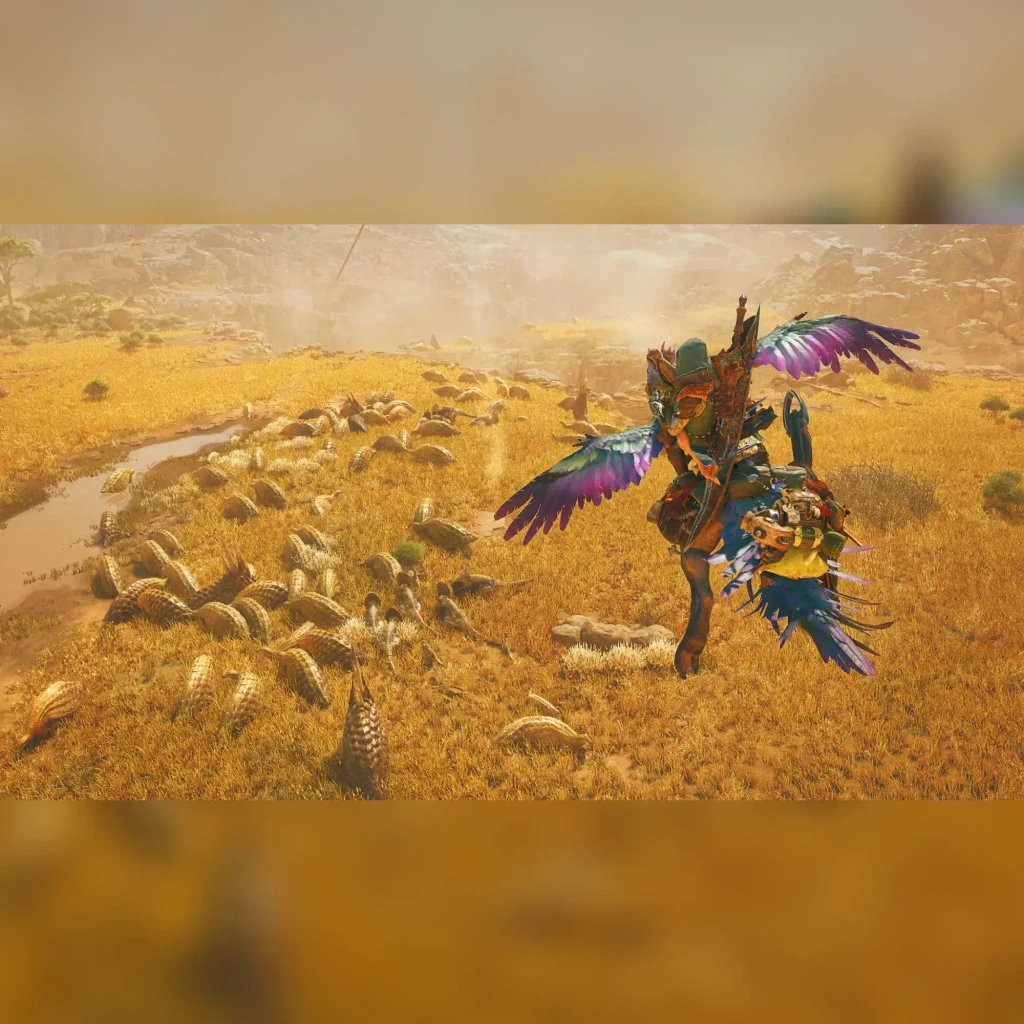 Videojuego Capcom Monster Hunter Wilds Lenticular Edition Xbox Series X, en uso: cazador con alas coloridas en llanura