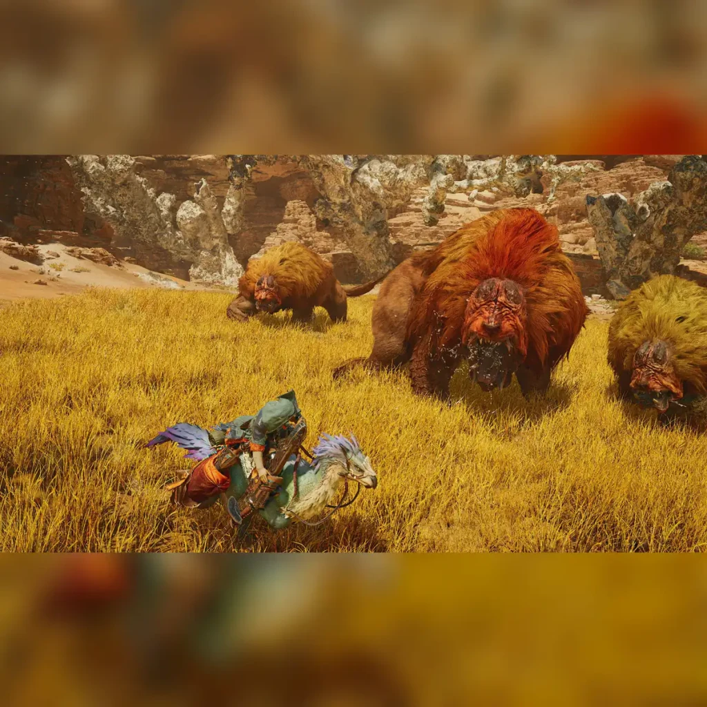 Videojuego Capcom Monster Hunter Wilds Lenticular Edition Xbox Series X, en uso: cazador montado enfrenta manada de bestias