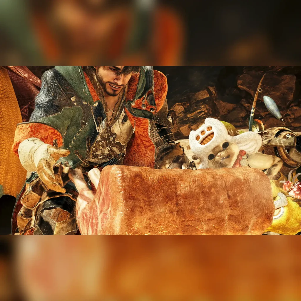Videojuego Capcom Monster Hunter Wilds Lenticular Edition Xbox Series X, en uso: cazador preparando carne junto a Palico