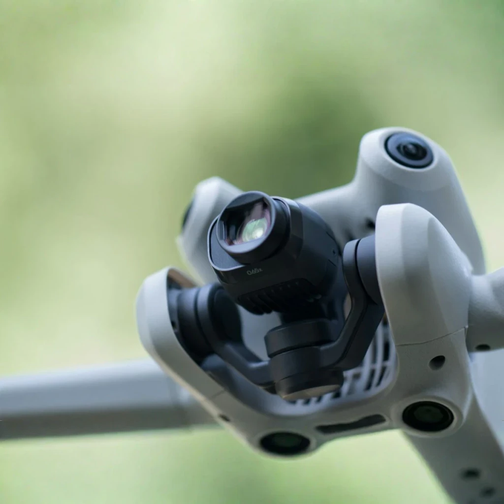 Lente DJI Objetivo Gran Angular Mini 4 Pro Negro, en uso: lente negro montado en el gimbal del dron, vista frontal cercana