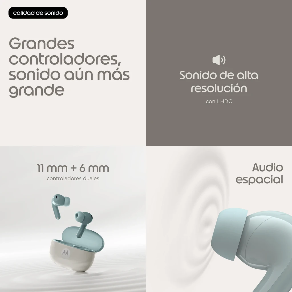 Auriculares Motorola Moto Buds 2 Cancelación de Ruido TWS Bluetooth 6.0 Gris, infografía: controladores duales 11mm+6mm