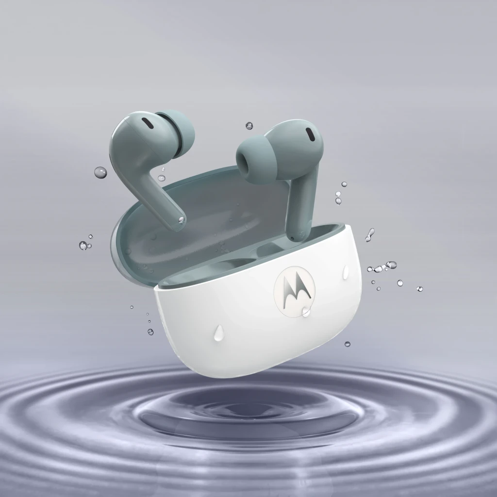 Auriculares Motorola Moto Buds 2 Cancelación de Ruido TWS Bluetooth 6.0 Gris, en uso: estuche abierto con auriculares